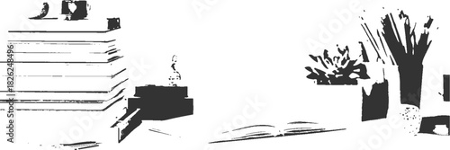 Stack of books next to a plant and an open book on a desk vector