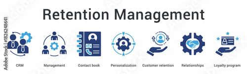 Retention management banner web icon uses crm and contact personalization for customer relationships and loyalty programs.