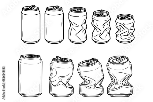 Soda Can Lifecycle From Fresh to Crushed, a Monochrome Illustration of Waste and Transformation