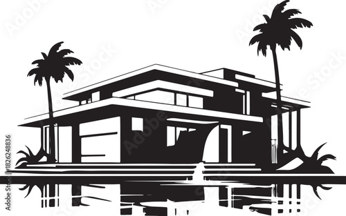 Tropical beach house with palm trees silhouette vector design for summer island vacation