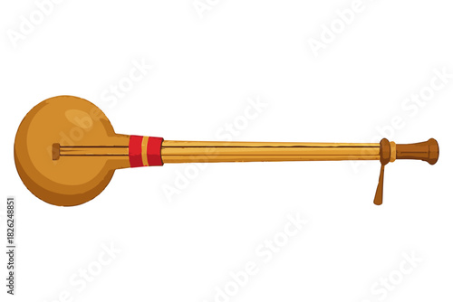 Stylized cartoon illustration of a traditional stringed musical instrument. This simple wooden folk lute icon represents ethnic culture, melody, and acoustic sound