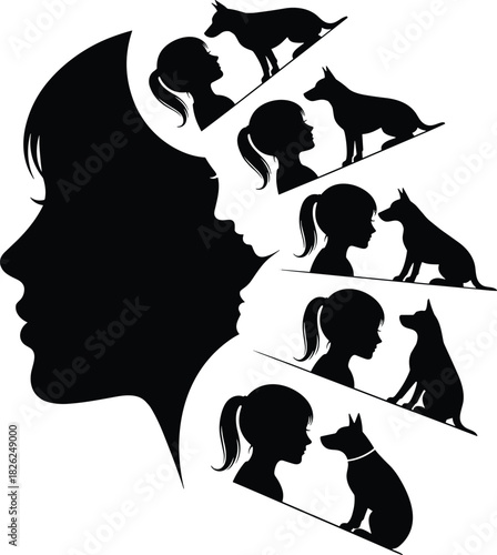 Vector illustration of a woman's head silhouette filled with memories of a girl and her dog, symbolizing pet love and nostalgia on white background.