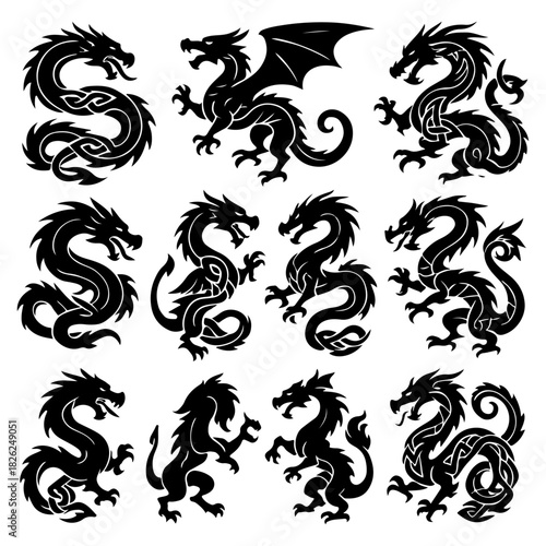 A captivating collection of stylized dragon illustrations, featuring intricate mythical beast designs perfect for various graphic design projects and fantasy-themed creations