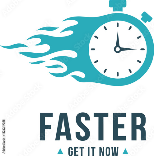 Faster service concept with a blue stopwatch icon and dynamic flames, symbolizing rapid delivery, quick results, and efficient business solutions