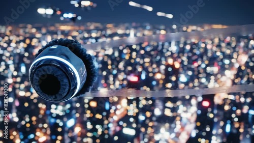 Futuristic surveillance camera hovering over a vibrant city skyline at night