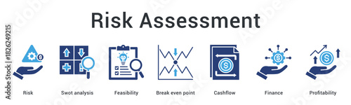 Risk assessment banner web icon evaluates feasibility and break even point ensuring cashflow finance and profitability balance.