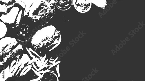 High contrast black and white close up of french fries and burgers in small cups food fast
