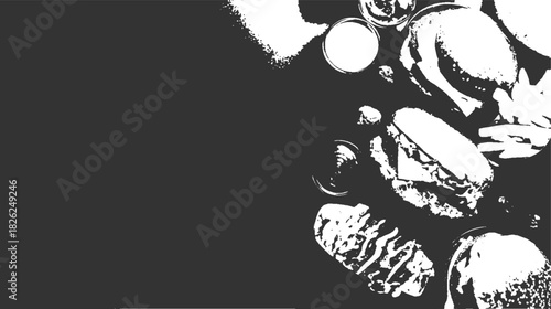 High Contrast Black and White Image of Burgers Fries and Drinks on Dark Surface food hamburger