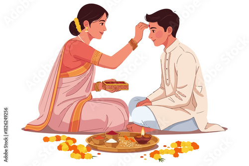 Illustration of a traditional Indian ceremony where a sister applies a tilak to her brother's forehead, celebrating a Hindu festival and sibling bond