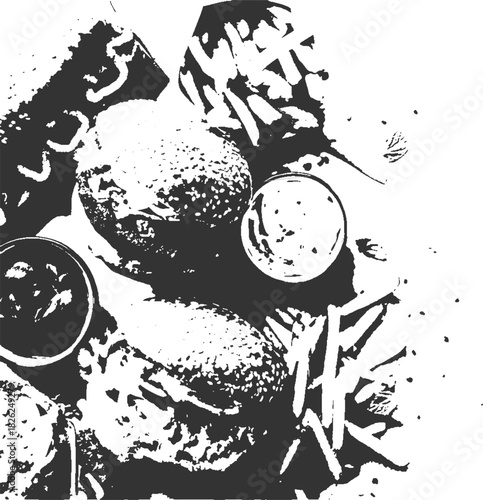 Two dark burgers with french fries and dipping sauce in a high contrast graphic style hamburger potato