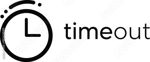 Minimalist timeout icon with a stylized clock symbol and bold 'timeout' text on a clean white background, representing breaks, pauses, or deadlines.