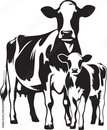 Cute cartoon black and white cow and calf vector illustration on farm
