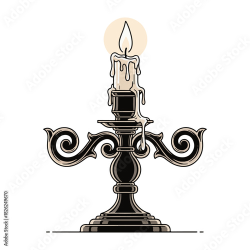 An ornate black candelabra with a single glowing candle flame, an illustration embodying vintage gothic elegance and historical mystery