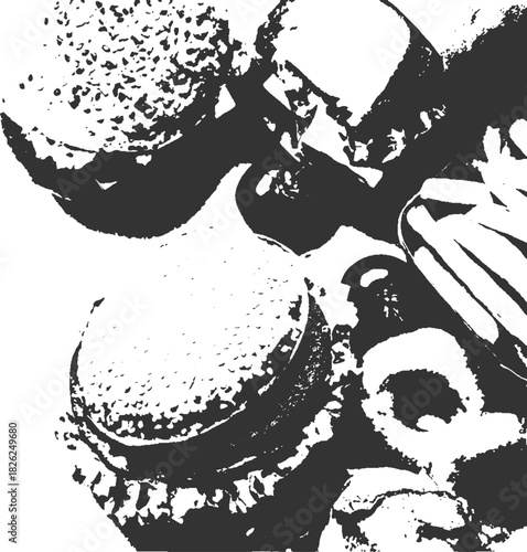 Black and white close up of stacked food items with textured surfaces close-up