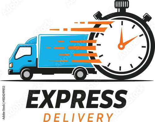 Express delivery truck with a stopwatch icon, symbolizing rapid shipping and urgent transportation services for fast logistics solutions and timely order fulfillment.