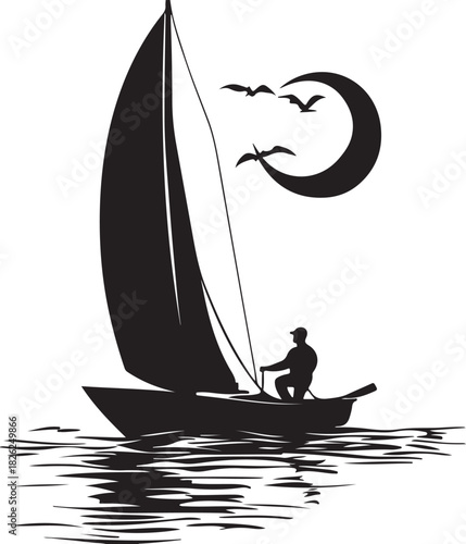 Silhouette vector icon of a sailing boat or vessel on the ocean water with sun and wave symbol for summer travel and nautical design