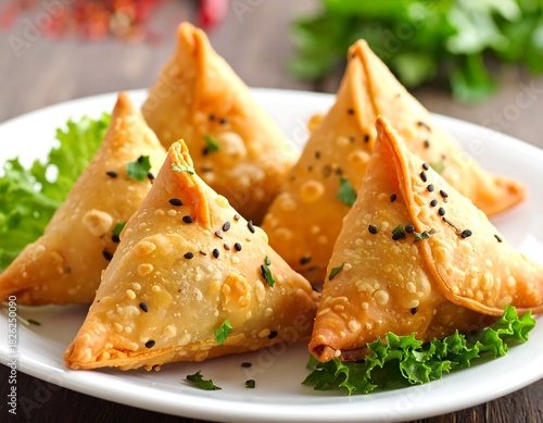 Four golden samosas on a plate, garnished with greens