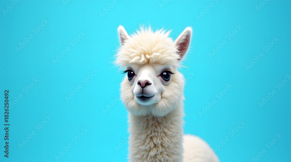 Naklejka premium Funny white alpaca with a fluffy coat and endearing expression on a vibrant blue background, the alpaca's soft fur and gentle gaze standing out against the bright contrasting color, its large eyes 