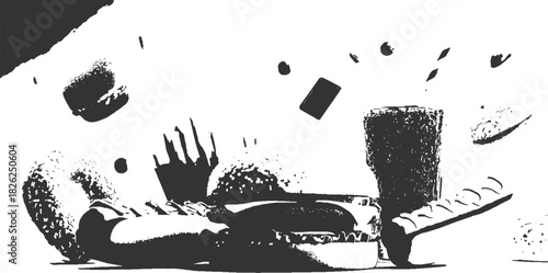 Dark silhouette of a hamburger and fries with a drink and scattered elements food beverage