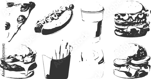 Black and white graphic illustrations of fast food items including burgers hot dogs fries and pizza slices