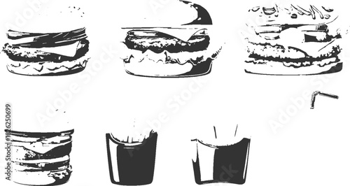 Three stylized hamburgers with cheese and lettuce french fries and a straw in a graphic black and white style