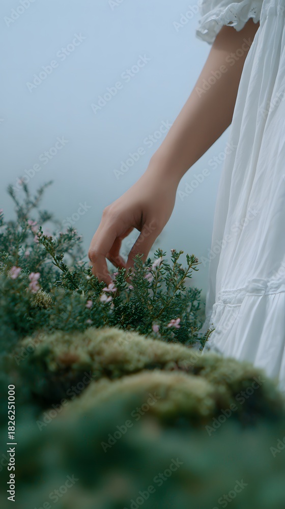 Fototapeta premium The hand of a young East Asian woman in a flowing white dress gently brushes across soft, rounded moss-covered bushes