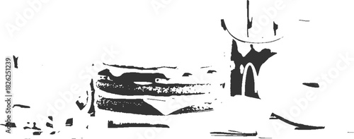 Stacked circular objects with abstract shapes and lines on white background black circle