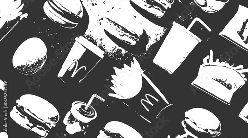 White fast food items including burgers drinks and fries on a dark background hamburger soda