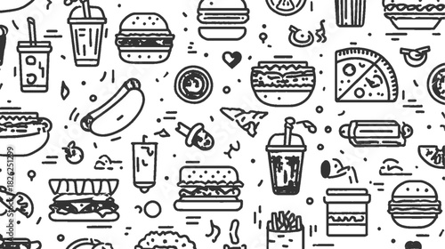 Black and white outline pattern of fast food items and drinks on a white background vector