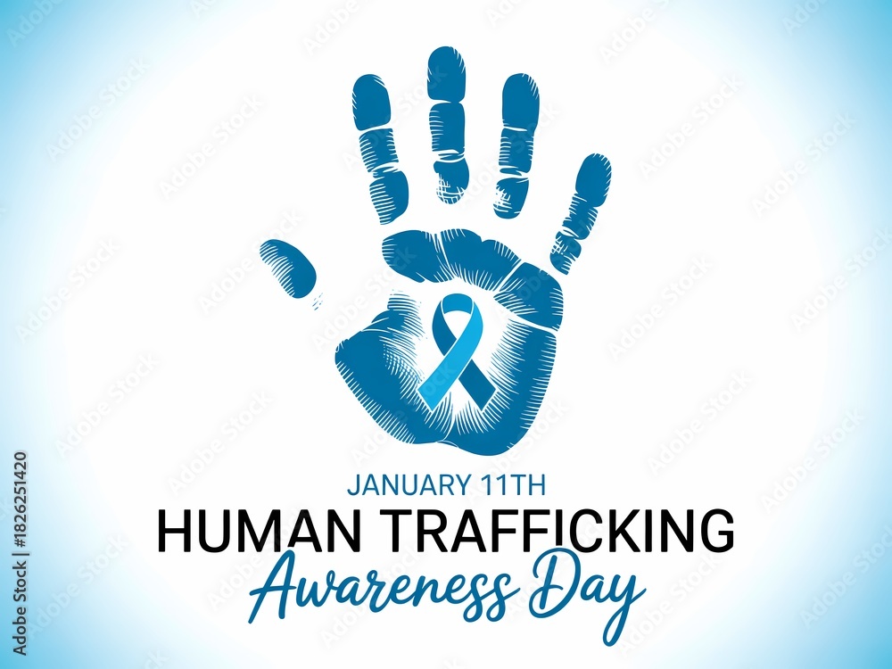 Obraz premium Blue handprint with teal ribbon symbolizes human trafficking awareness day support