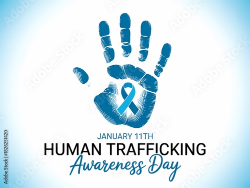 Blue handprint with teal ribbon symbolizes human trafficking awareness day support