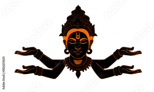 Hindu Goddess or Deity with Multiple Hands and Crown, Stylized Mythology Vector Illustration for Cultural and Spiritual Design