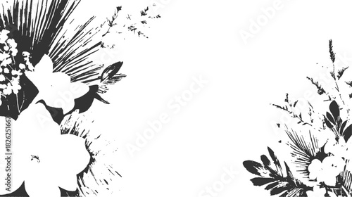 Black and white floral arrangement with palm leaves and small blossoms flower leaf