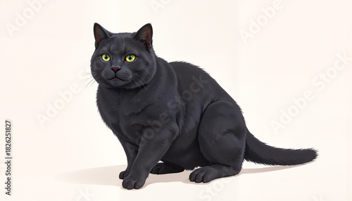 Cute black cat with green eyes sitting on a light background, cartoon style illustration