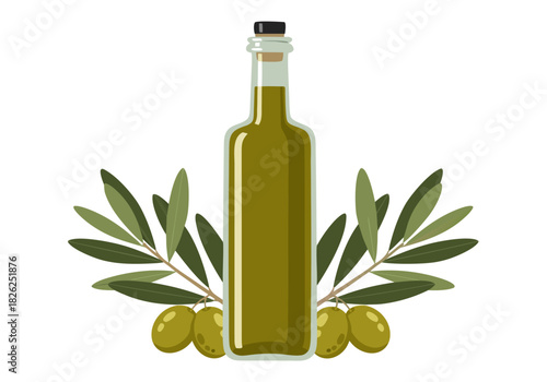 Bottle of natural olive oil surrounded by olive tree branches with ripe fruit. Vector graphic for healthy cooking and Mediterranean diet concepts