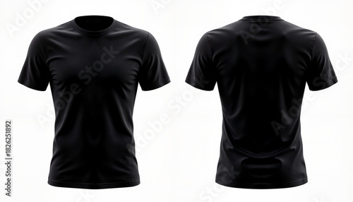 Front and back view of a plain black t-shirt on a white background, apparel mockup design