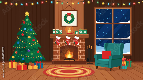 Warm and Inviting Christmas Living Room Illustration with a Decorated Tree, Crackling Fireplace, and Snowy Window View, Capturing Festive Holiday Ambiance