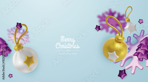 Happy New Year and Merry Christmas. Christmas holiday background with realistic 3d objects, bauble balls, conical metal stars. Levitation falling design composition.