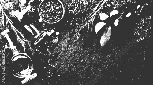 Overhead view of scattered spices herbs and garlic cloves on dark textured surface peppercorn