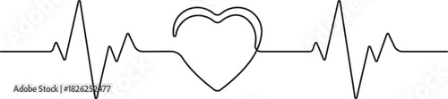 Heartbeat line with heart shape. Continuous one line ECG love illustration