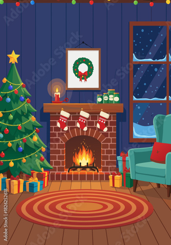 Cozy Christmas living room interior with fireplace and decorated tree