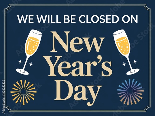 Notice of new year s day closure with festive champagne glasses and fireworks