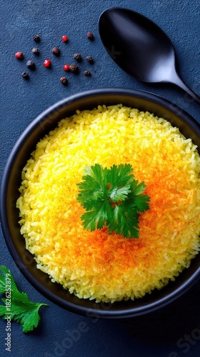 A close-up overhead view of a black bowl filled with vibrant yellow rice, garnished with fresh parsley and sprinkled with paprika. Black and red peppercorns are