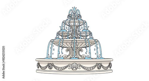 Ornate tiered water fountain with cascading blue water in an elegant design.