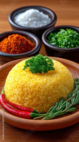A mound of yellow rice garnished with parsley, served on a wooden plate with two red chili peppers and rosemary sprigs. In the background, three small bowls con