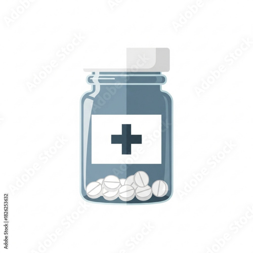 Illustration of a medicine bottle filled with white pills and a label with a black plus sign on it