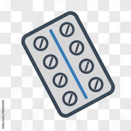 Illustration of a blister pack containing eight round pills separated by a blue vertical line design