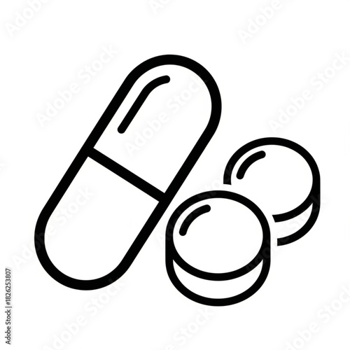 Illustration of a capsule and two round pills in black outline on a white background showing medication 100