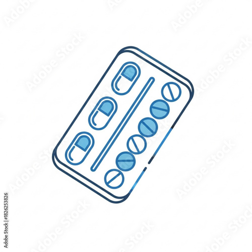 Illustration of a blister pack containing capsules and round tablets in blue outline on white background