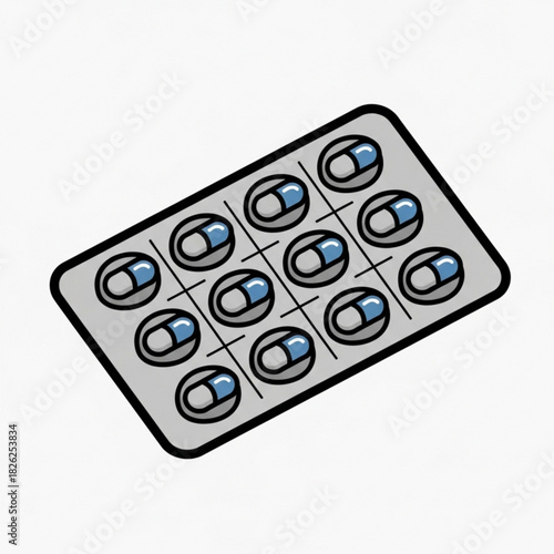 Illustration of a blister pack containing twelve blue and white capsule pills on a white background